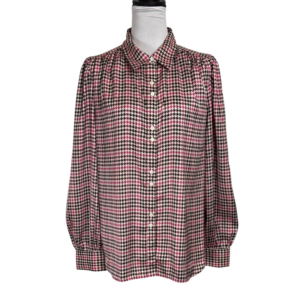 Ann Taylor Houndstooth Satin Blouse Sz L Pink Black Shirred Puff‎ Sleeve Relaxed